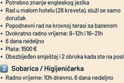Tražimo radnike za dvije pozicije:  1 Konobar/ Šanker, 2 Sobarica / Higijeničarka