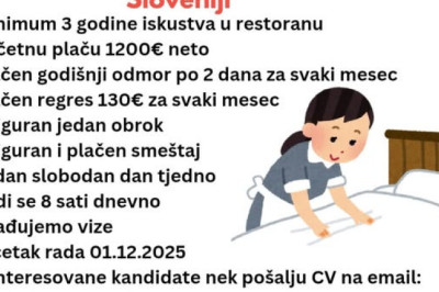 Tražimo sobarice do 45 godina za sezonski rad u Kranjskoj gori, Sloveniji